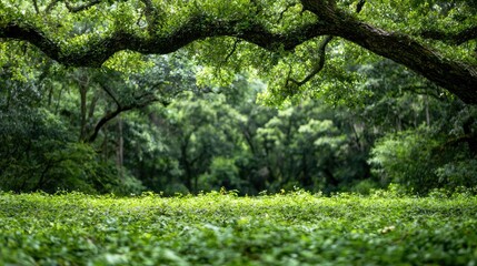 Obraz premium Lush green forest canopy, ground cover, nature background