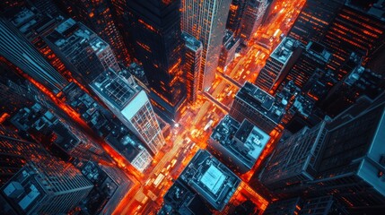 Aerial View of City Intersection at Night Illuminating Skyscrapers