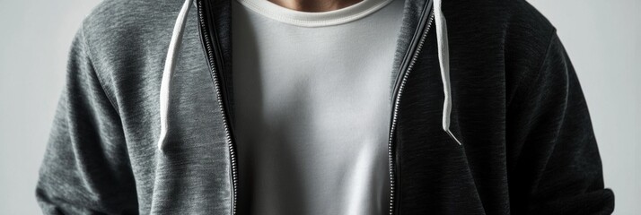 Gray Melange Zip-Up Hoodie with White T-Shirt Underneath
