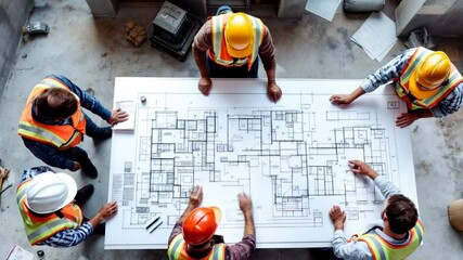 Top view, construction workers and blueprint planning in house, home or office building in real estate.
