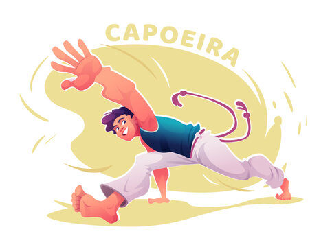 Cartoon capoeira male player practicing acrobatic move. Capoeira dancer in action pose