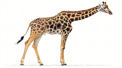 Fototapeta premium Tall Giraffe Standing on Plain White Background Animal with Spotted Skin and Long Neck in Profile View.