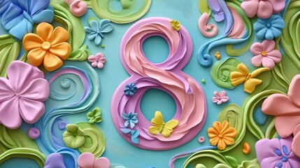 64.A playful plasticine-style card for International Women's Day with a handcrafted number 8 surrounded by colorful clay flowers, butterflies, and swirling vines. The vibrant color palette includes