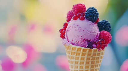 Waffle cone of berry ice cream with fresh raspberries and blackberries