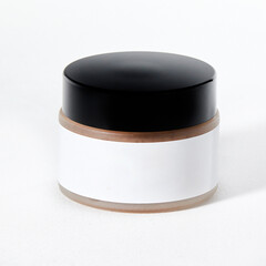 This small cosmetic jar features a sleek black lid and a blank white label, suitable for various skincare products. It has a clean, modern design
