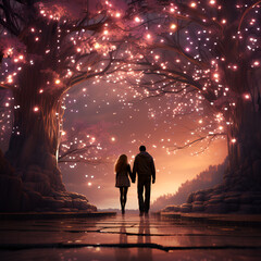 Fototapeta premium Valentine's Day couple illustration sweet romantic moment in watercolor style