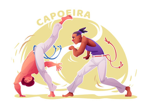 Cartoon capoeira male players practicing. Capoeira dancers in action poses