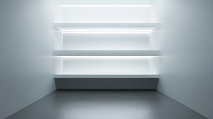 Minimalist interior with glowing shelves in a clean white space architectural design
