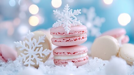 Festive pastel-colored macarons decorated with snowflakes on snowy background
