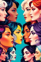 Fototapeta premium Stylized illustration of superimposed colorful female profiles symbolizing multi-layered personality and generational change