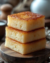 Deliciously baked golden sponge cake stacked on a wooden board with rustic kitchen background