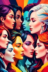 Naklejka premium Stylized illustration of superimposed colorful female profiles symbolizing multi-layered personality and generational change