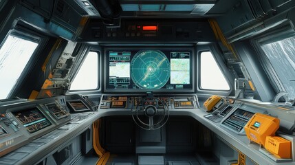 Futuristic control room with advanced radar screens and navigation tools, showcasing a high-tech environment