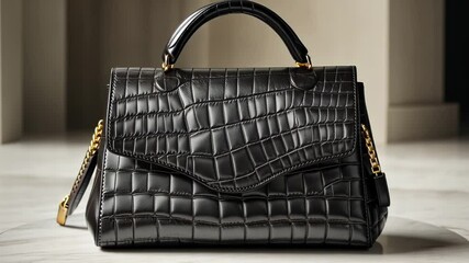 Elegant gray crocodile leather handbag showcased on a marble surface
