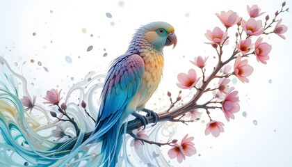 Obraz premium Colorful Parrot on Blooming Branch