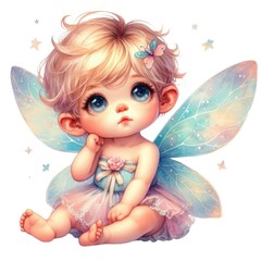 Fototapeta premium A cute, magical baby fairy with pastel wings and big eyes, sitting thoughtfully amidst stars, exuding charm and whimsy.