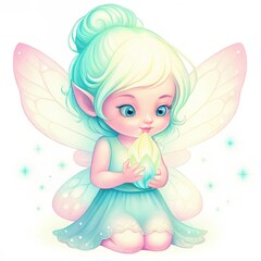 A whimsical fairy with pastel-colored wings holds a glowing gem, radiating enchantment and charm in a magical, fantasy-inspired illustration.