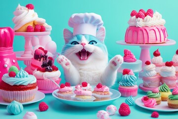 Cat baker with many cupcakes and cakes in the kitchen for party or celebration