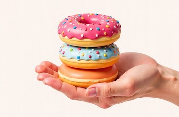 Collection set of hand holding pile stack colourful round donut doughnut on transparent background cutout. Mockup template for artwork graphic design