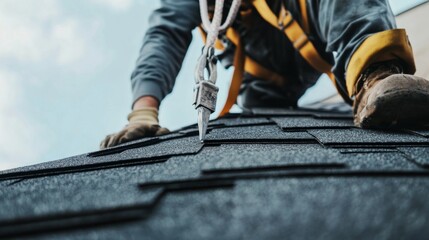 A skilled roofer installing shingles on a sloped roof with safety harness and tools visible, Roofing installation scene, Technical and meticulous style