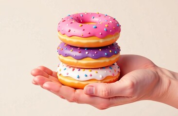 Collection set of hand holding pile stack colourful round donut doughnut on transparent background cutout. Mockup template for artwork graphic design