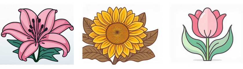 Fototapeta premium Pretty pink lily, bright yellow sunflower, and delicate pink tulip are showcased together. A delightful trio of flowers.