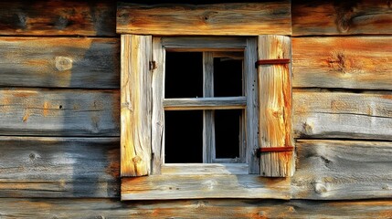 Rustic wooden cabin window, sunlight, aged shutters, rural scene, design