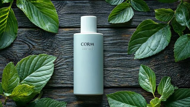 Minimalist beauty product placement surrounded by lush green leaves