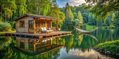 Fototapeta premium Cozy raft cottage on a lake with a hammock and sofa on the terrace, surrounded by trees and lush greenery