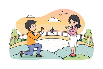 Cartoon illustration art of a man proposing to his girlfriend on a bridge.eps