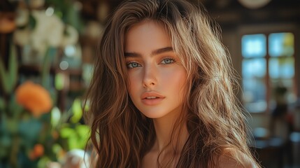 Obraz premium Portrait of a Young Woman with Wavy Hair Indoors