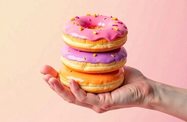 Collection set of hand holding pile stack colourful round donut doughnut on transparent background cutout. Mockup template for artwork graphic design