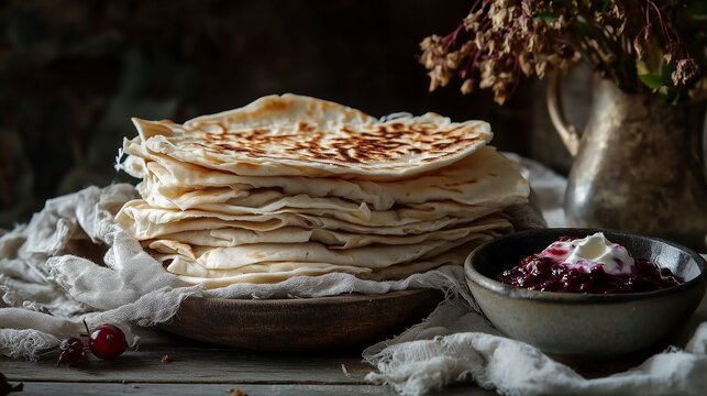 Traditional stack of Norwegian lefse flatbreads on a rustic wooden plate, served with berry jam and cream, surrounded by vintage decor.