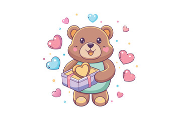 Cartoon illustration art of a teddy bear holding a heart-shaped box of chocolates.eps