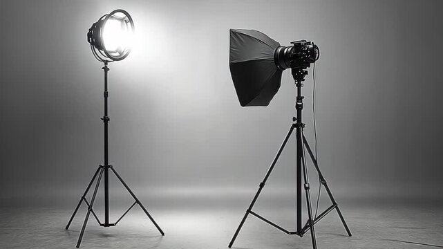 Studio lighting setup with softbox and spotlight on grey backdrop