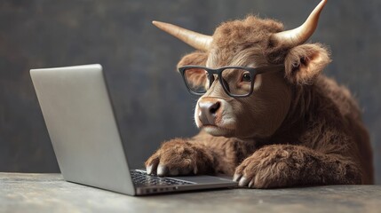 Fototapeta premium The animal sits and works on a laptop