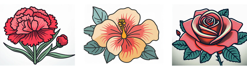 Obraz premium A trio of vibrant floral illustrations: a carnation, hibiscus, and rose, each rendered in a vintage style with detailed petals and leaves.