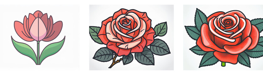 Obraz premium Three floral illustrations: a tulip and two roses, showcasing varied styles and color palettes. Simple line art and soft shading are used to depict the flowers in detail.