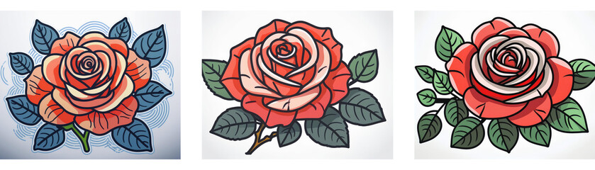 Obraz premium Three illustrations of roses, each with varying shades and leaf details, showcase the beauty of classic floral designs.