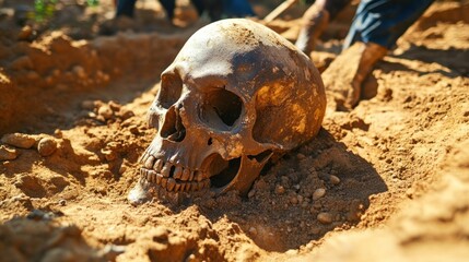 Naklejka premium Archaeological dig unearths skull; field workers excavate ancient remains