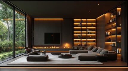 Modern living room, forest view, fireplace, evening