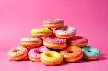 Fototapeta premium A colorful pile of donuts on a vibrant pink background, creating a playful and enticing scene