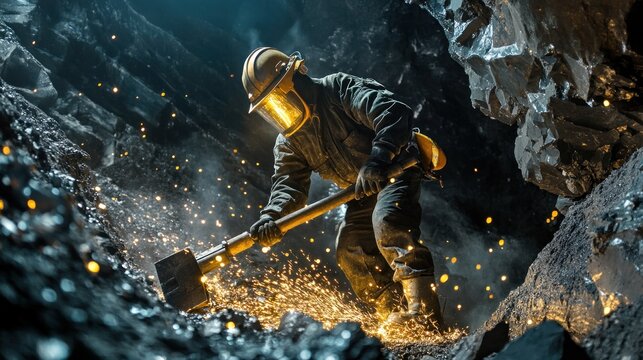 A miner working underground, using a hammer to break rock and extract minerals.