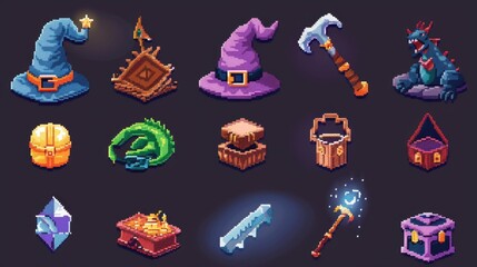 Imagine a collection of pixel art fantasy icons, including a wizard's hat, a magic wand, a dragon, and a treasure chest. 