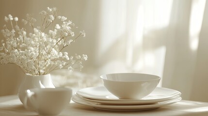 Fototapeta premium Elegant Still Life with White Dishes and Delicate Flowers in Warm Light