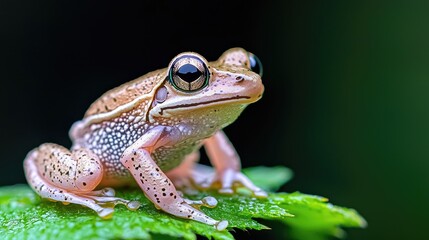 Obraz premium Tiny frog on leaf, rainforest background, nature photography, wildlife