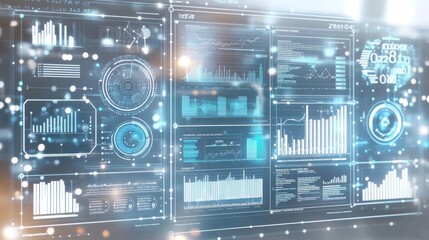 Futuristic data dashboard displaying analytics and graphs with glowing elements in a tech environment
