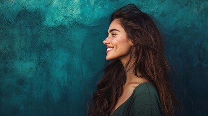 Fototapeta premium Serene woman with freckles against a textured blue backdrop