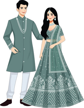 Illustration of Couple in Traditional Indian Attire