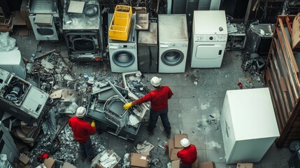 Workers dismantle old appliances amidst debris.